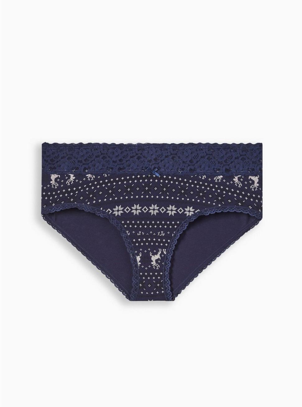 Cotton Mid-Rise Cheeky Lace Trim Panty, FROSTY FAIR ISLE NAVY, hi-res