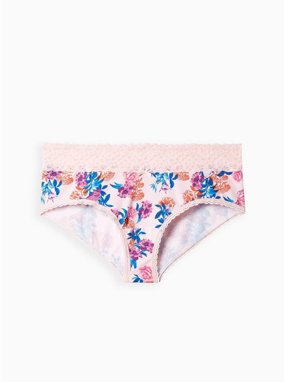 Cotton Mid-Rise Cheeky Lace Trim Panty, PRETTY GARDEN PINK, hi-res