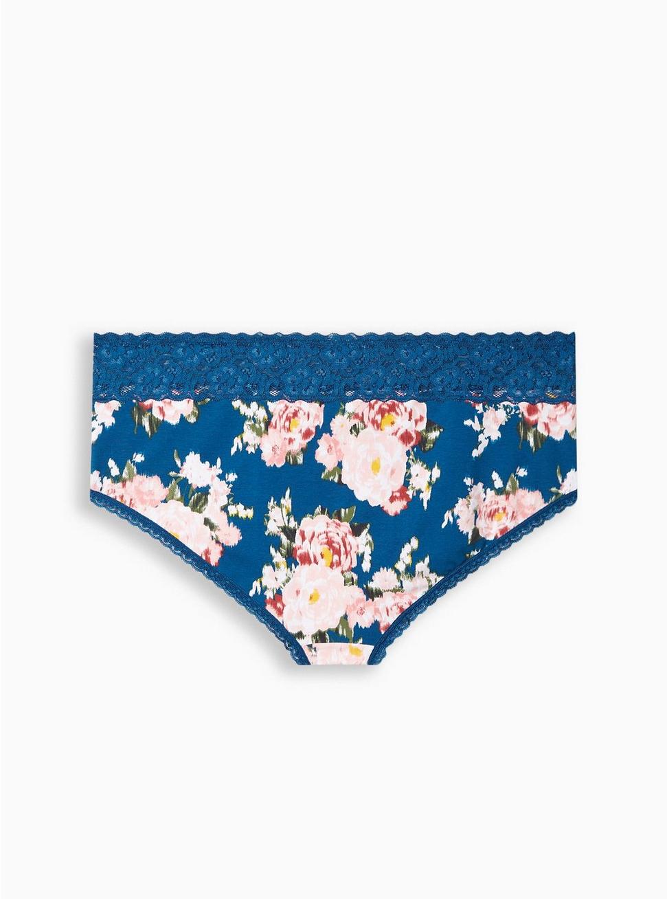 Cotton Mid-Rise Cheeky Lace Trim Panty, NICE IKAT FLORAL BLUE, alternate