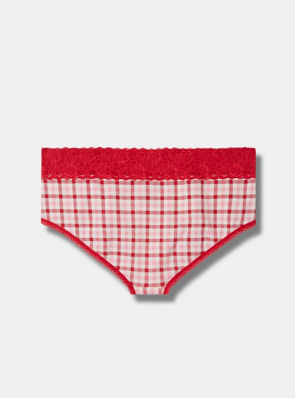 Cotton Mid-Rise Cheeky Lace Trim Panty, RASPBERRY GINGHAM, alternate