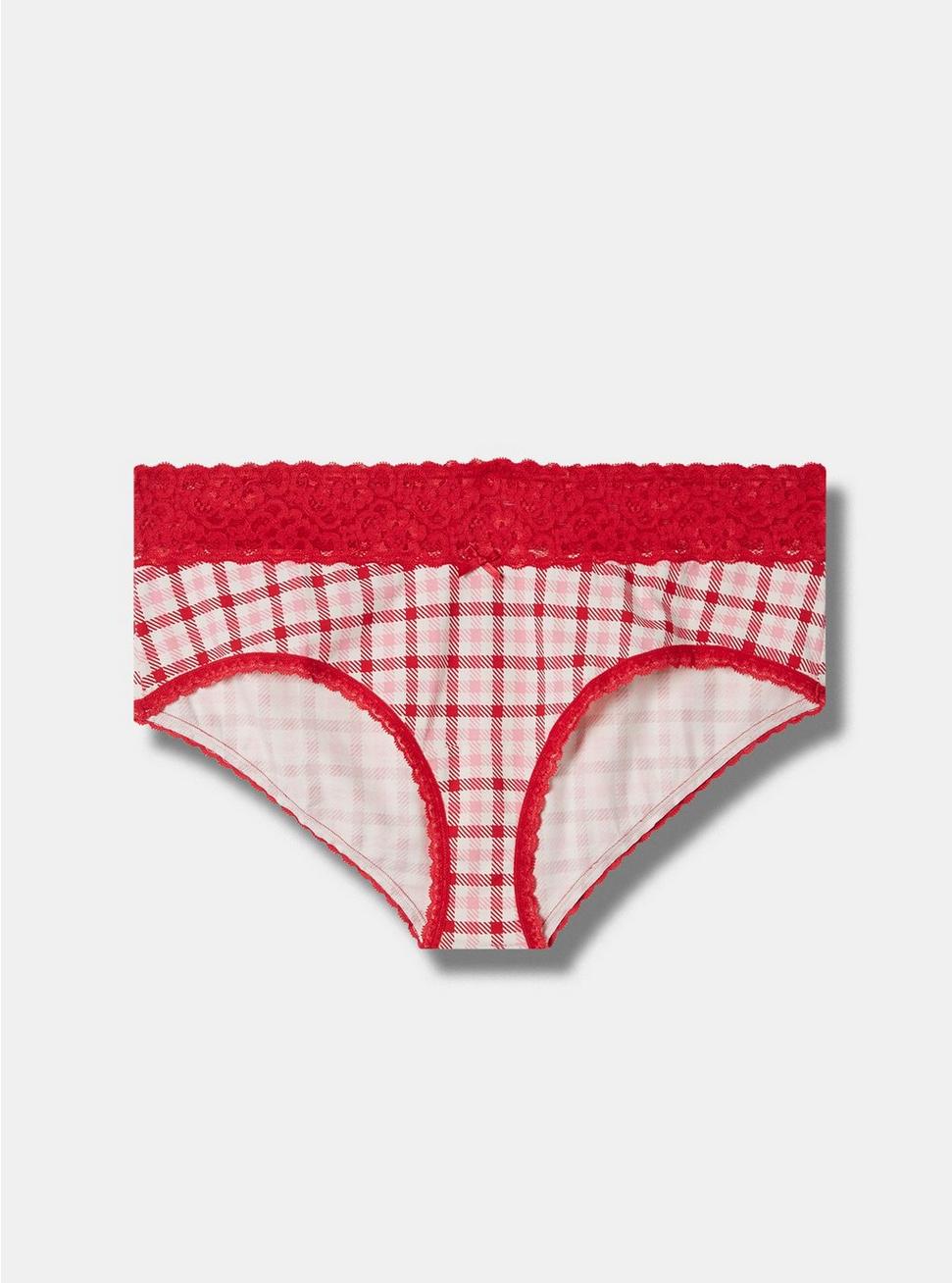 Cotton Mid-Rise Cheeky Lace Trim Panty, RASPBERRY GINGHAM, hi-res
