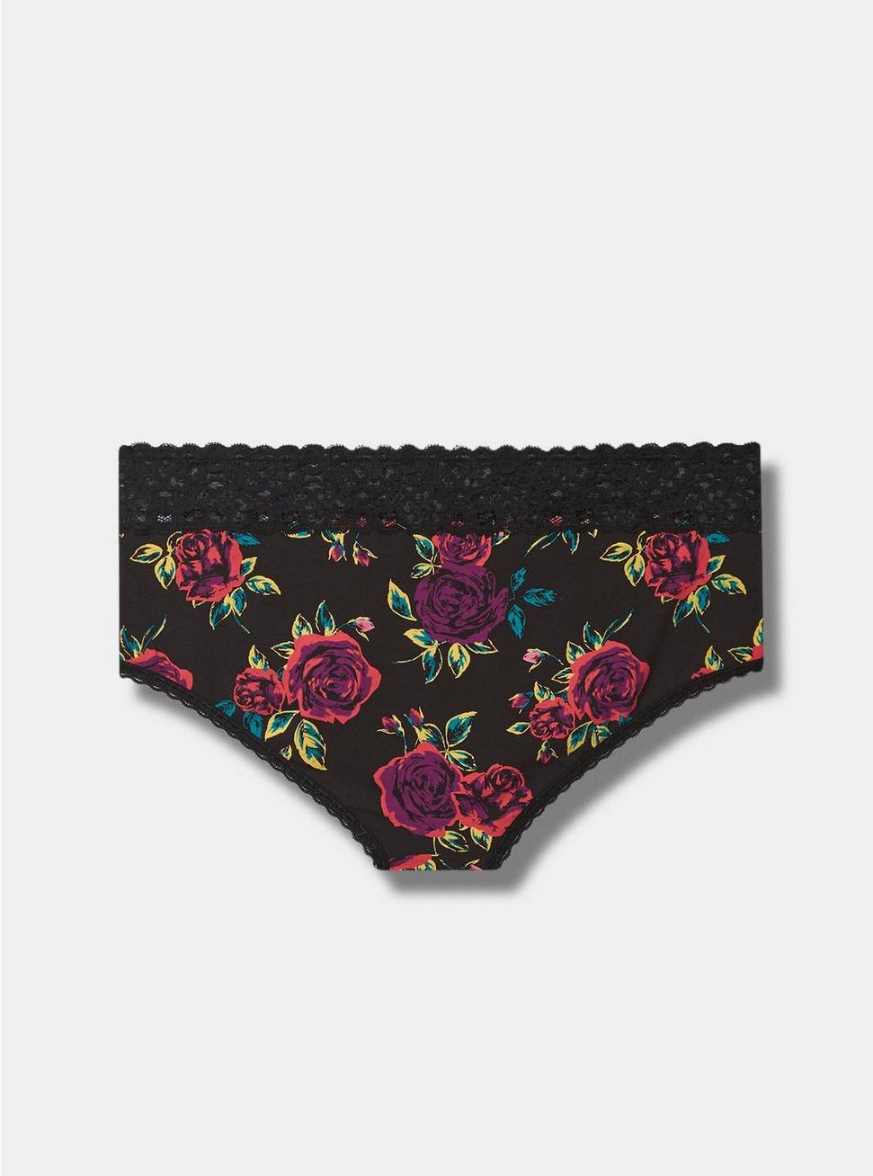 Cotton Mid-Rise Cheeky Lace Trim Panty, BRUSHED ROSES FLORAL BLACK, alternate