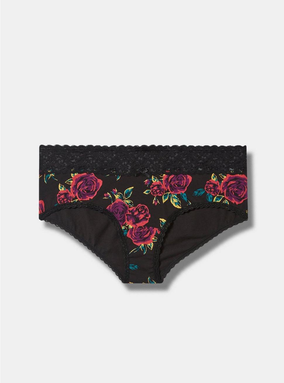 Cotton Mid-Rise Cheeky Lace Trim Panty, BRUSHED ROSES FLORAL BLACK, hi-res