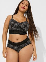 Plus Size Cotton Mid-Rise Cheeky Lace Trim Panty, ALLOVER SPIDERWEBS BLACK, hi-res