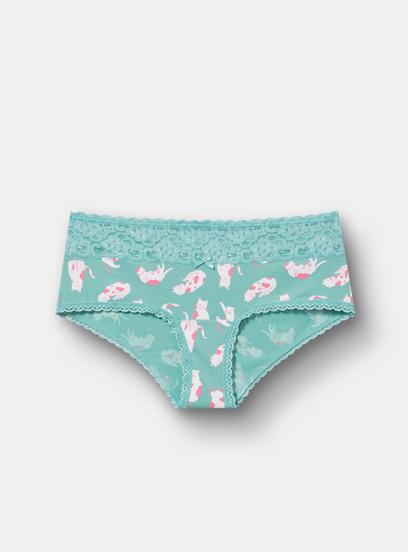Cotton Mid-Rise Lace Trim Cheeky Panty, PURR KITTIES GREEN, hi-res