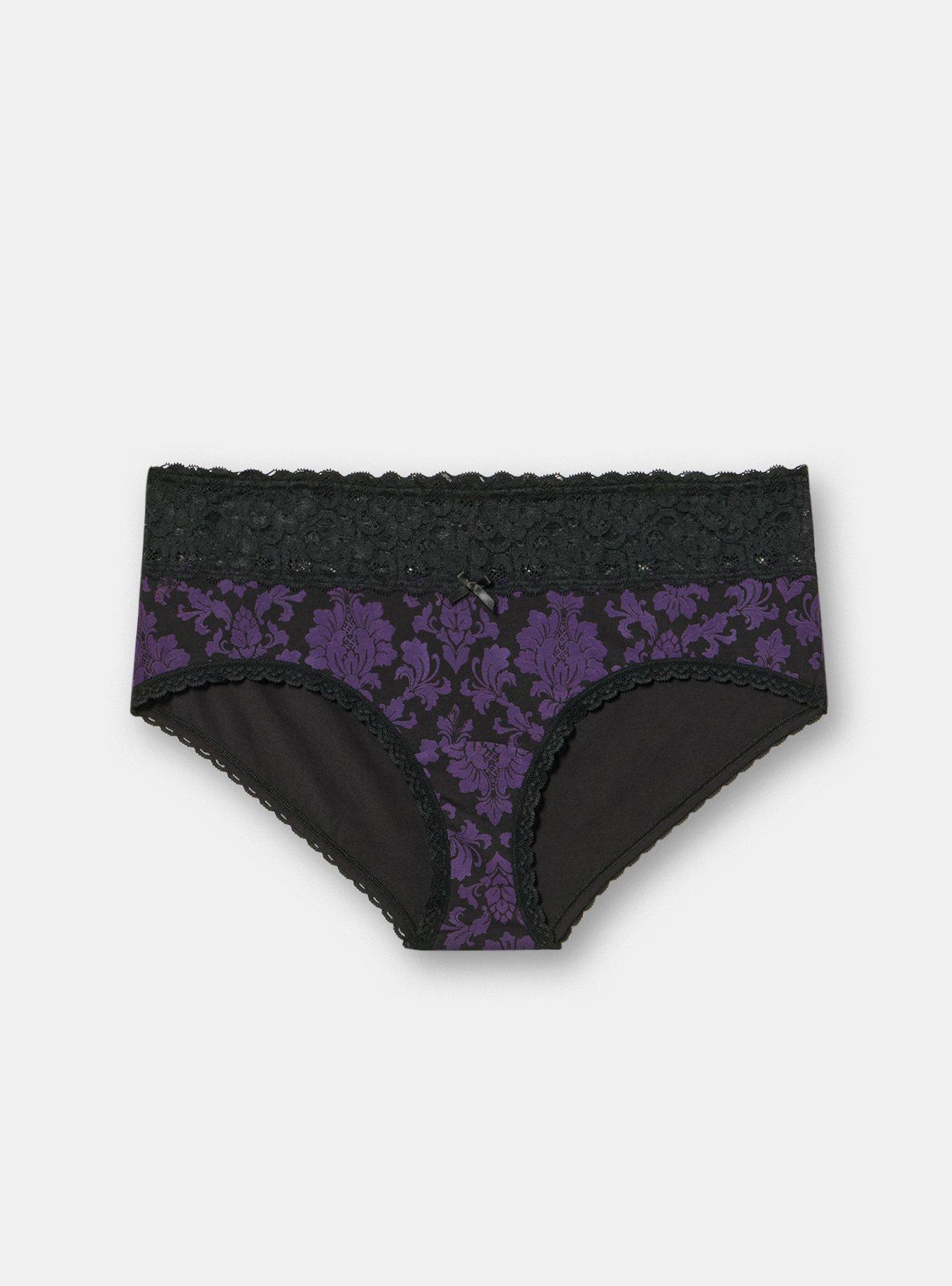 Cotton Mid-Rise Lace Trim Cheeky Panty, MEDIEVAL DAMASK BLACK, hi-res