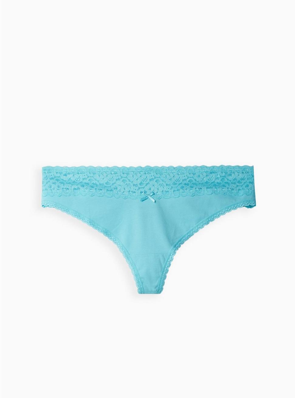 Cotton Mid-Rise Thong Lace Trim Panty, BLUE RADIANCE, hi-res