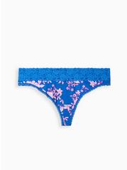 Cotton Mid-Rise Thong Lace Trim Panty, LILLIAN FLORAL BLUE, hi-res