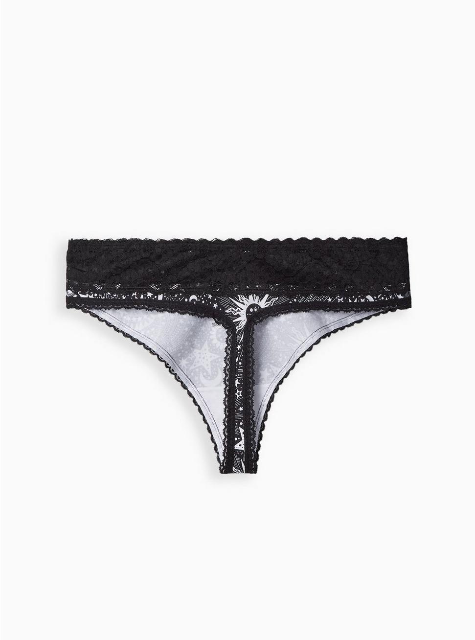 Cotton Mid-Rise Thong Lace Trim Panty, HEART OF GOLD BLACK, alternate