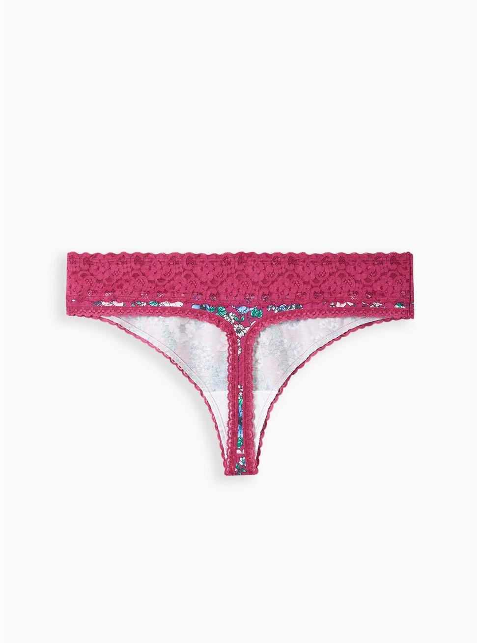 Cotton Mid-Rise Thong Lace Trim Panty, STAND OUT FLORAL PURPLE, alternate