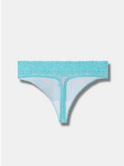 Plus Size Cotton Mid-Rise Thong Lace Trim Panty, TROPICAL SOIREE BLUE, alternate