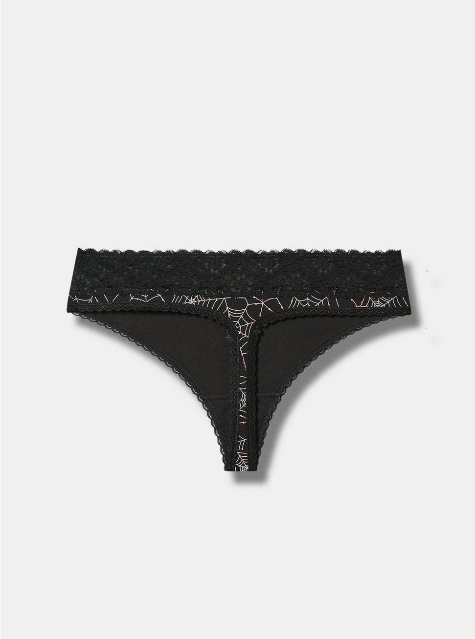 Plus Size Cotton Mid-Rise Thong Lace Trim Panty, ALLOVER SPIDERWEBS BLACK, alternate