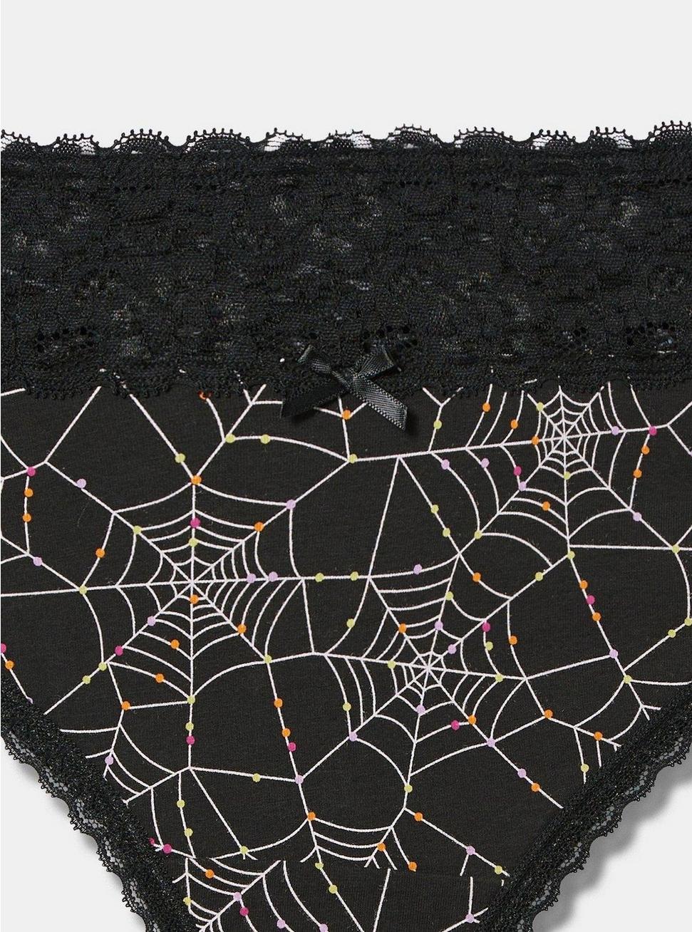 Plus Size Cotton Mid-Rise Thong Lace Trim Panty, ALLOVER SPIDERWEBS BLACK, alternate