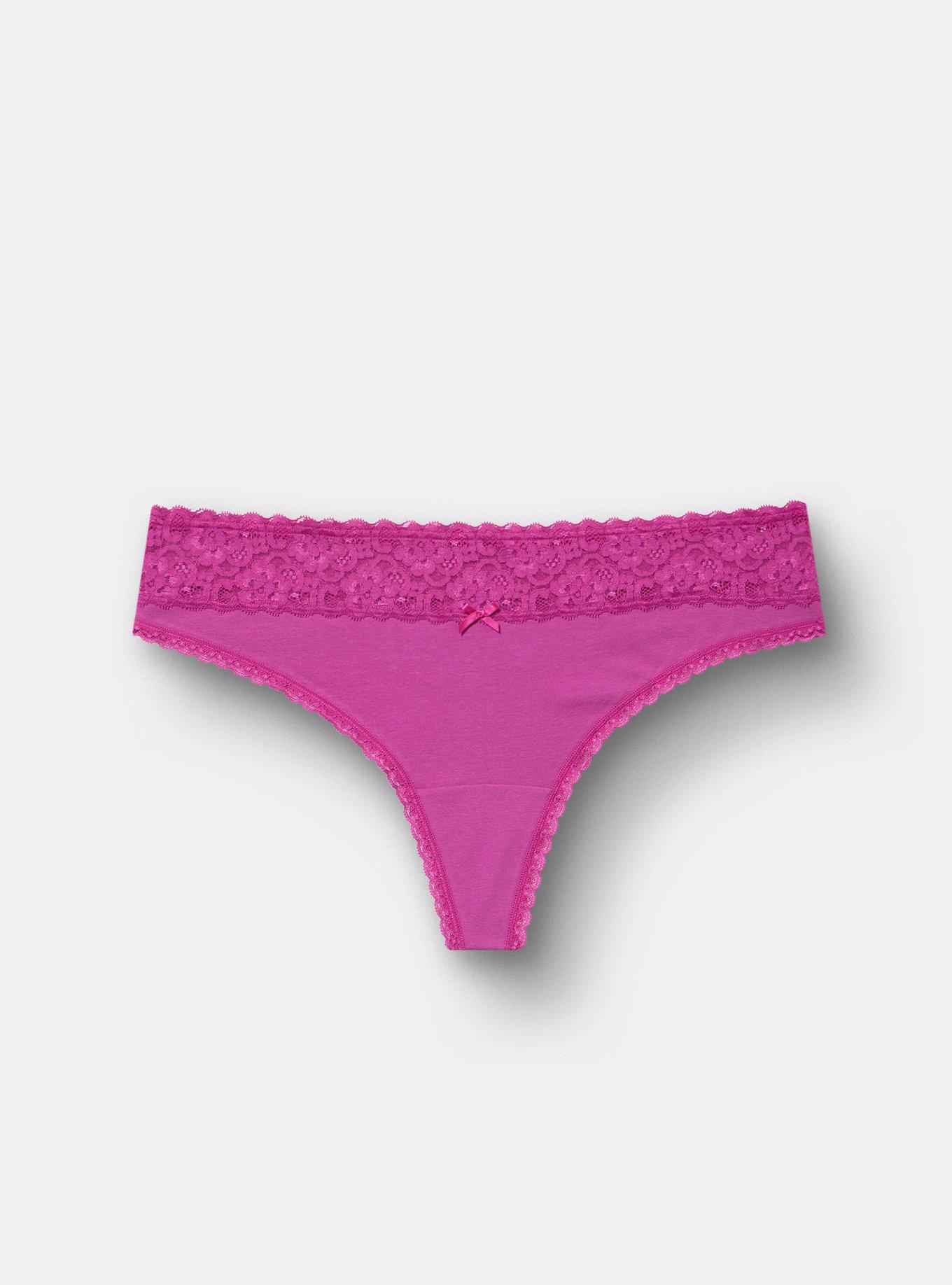 Cotton Mid-Rise Thong Lace Trim Panty, DAZZLE ROSE, hi-res