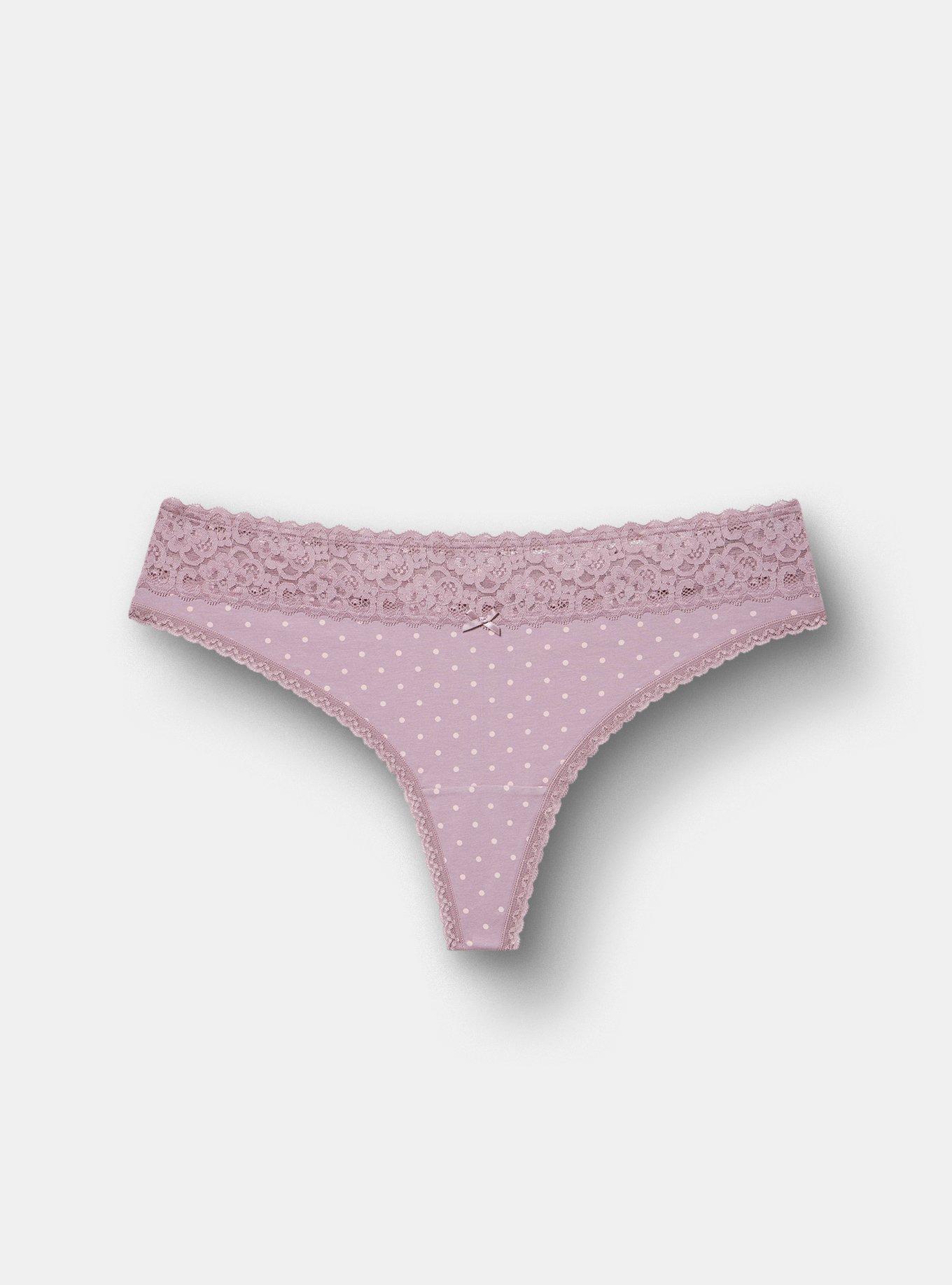 Plus Size Cotton Mid-Rise Thong Lace Trim Panty, CHIC DOT TOADSTOOL, hi-res