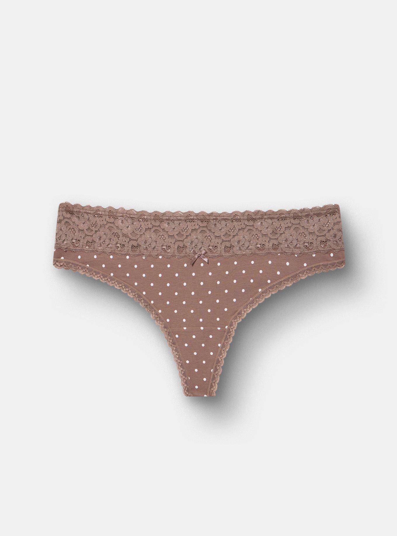 Plus Size Cotton Mid-Rise Thong Lace Trim Panty, CHIC DOT DEEP TAUPE, hi-res