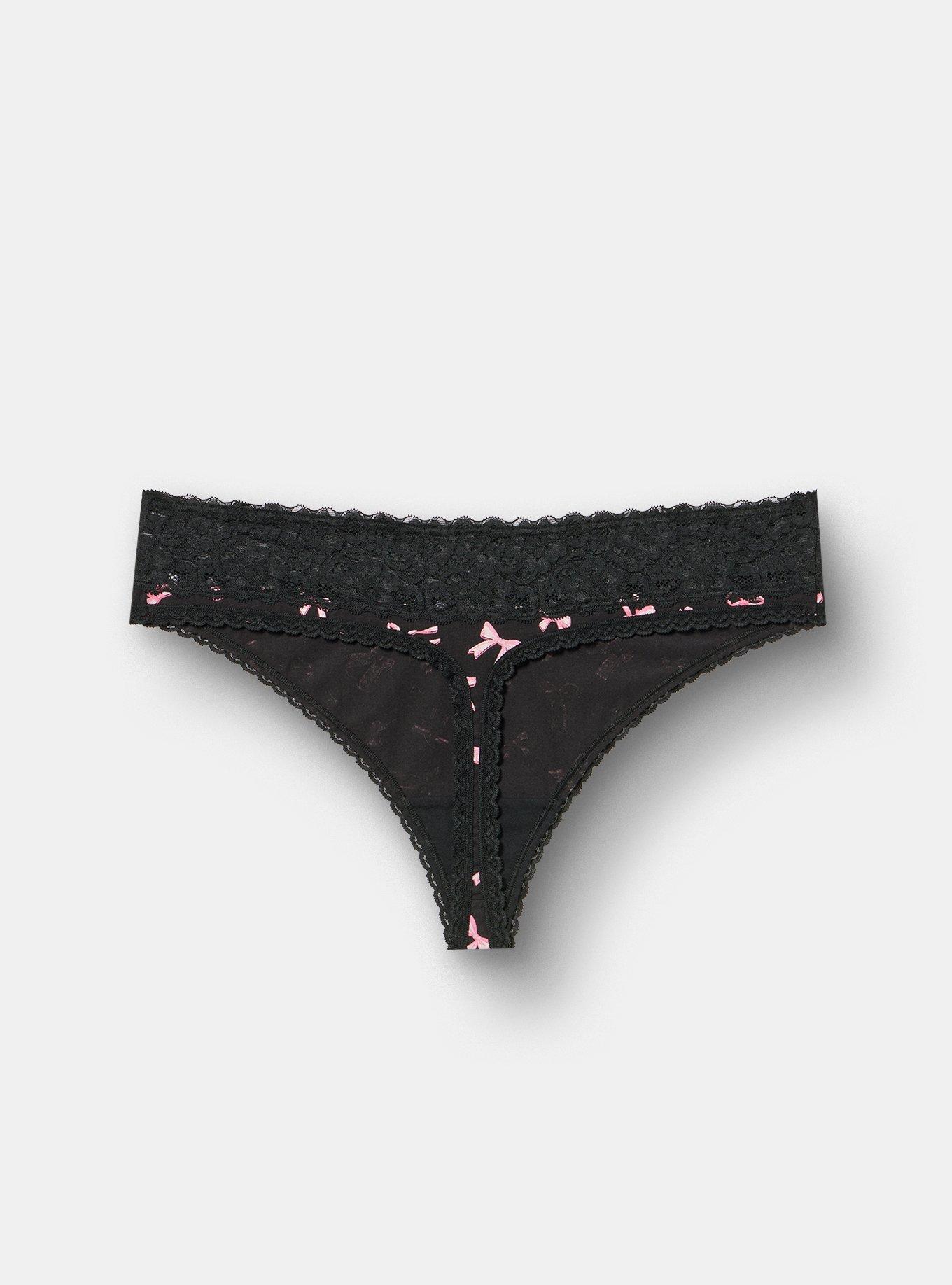 Plus Size Cotton Mid-Rise Thong Panty, FLOAT BOWS BLACK, alternate