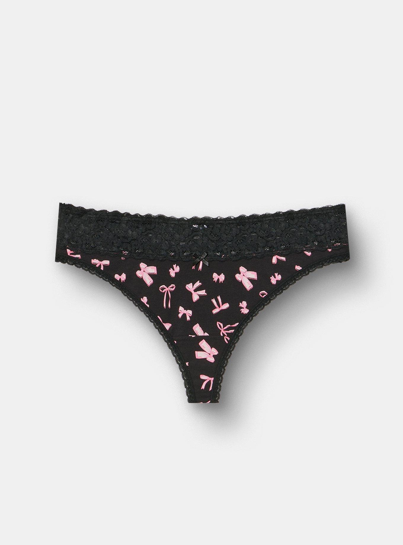 Plus Size Cotton Mid-Rise Thong Panty, FLOAT BOWS BLACK, hi-res