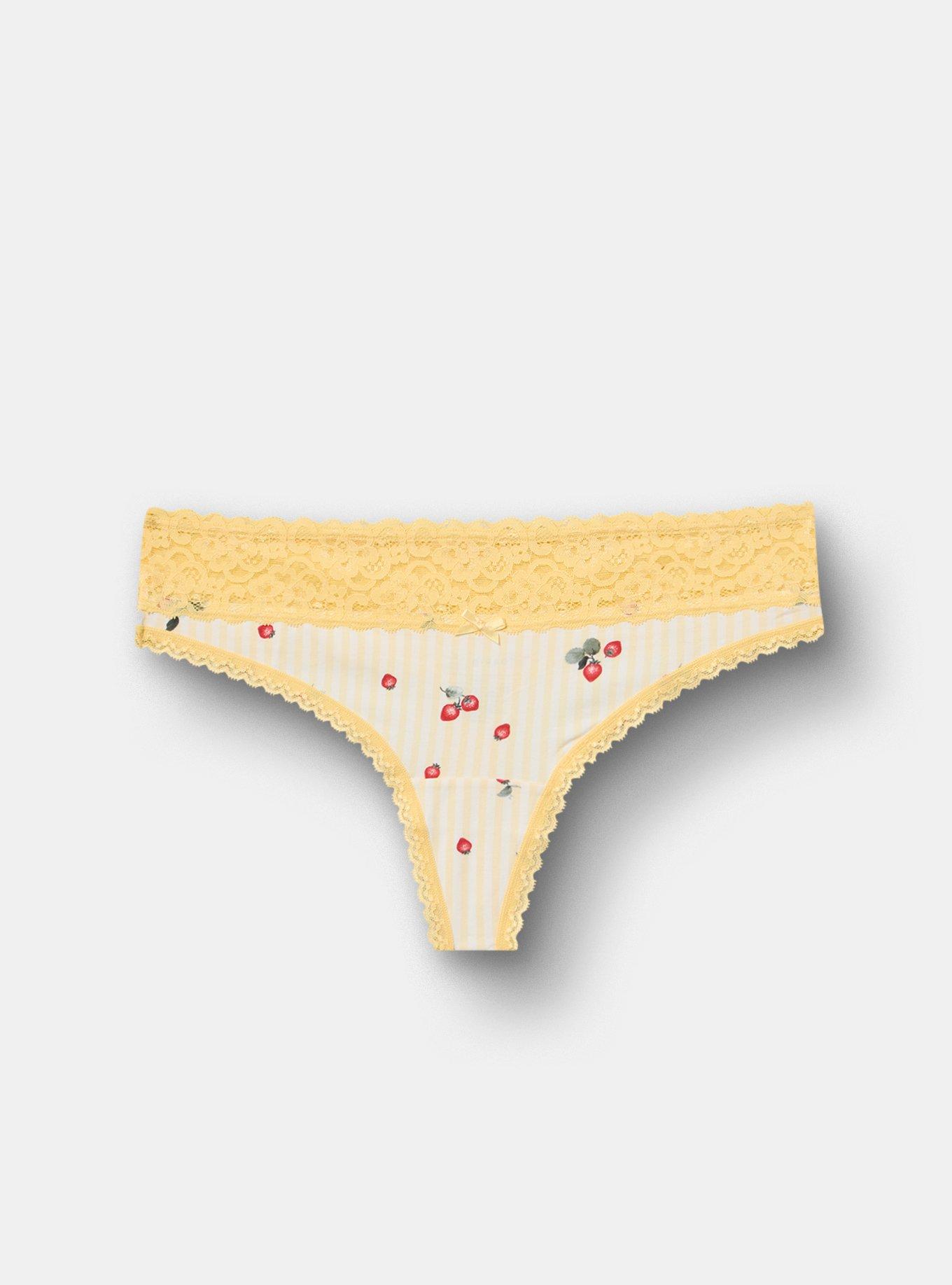 Cotton Mid-Rise Thong Panty, STRAWBERRY STRIPE YELLOW, hi-res