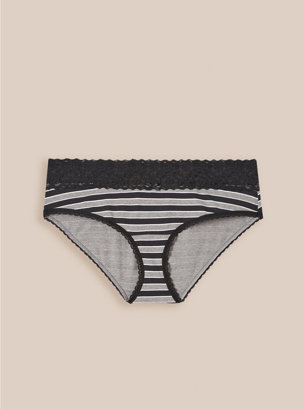 Cotton Mid-Rise Hipster Lace Trim Panty, SAL STRIPE HEATHER GREY, hi-res