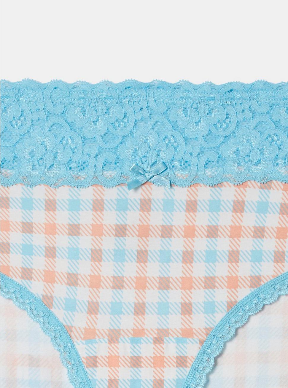 Plus Size Cotton Mid-Rise Hipster Lace Trim Panty, RASPBERRY GINGHAM BLUE, alternate