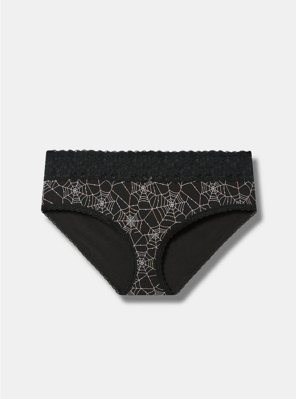 Plus Size Cotton Mid-Rise Hipster Lace Trim Panty, ALLOVER SPIDERWEBS BLACK, hi-res