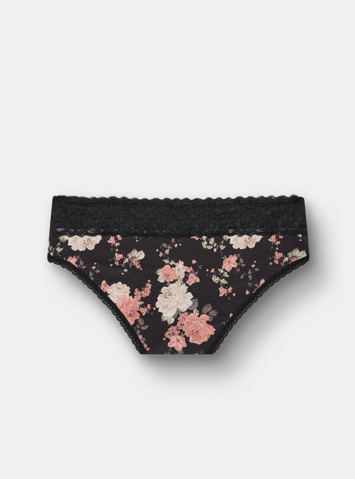 Cotton Mid-Rise Lace Trim Hipster Panty, LOVER FLORAL SMALL RICH BLACK, alternate