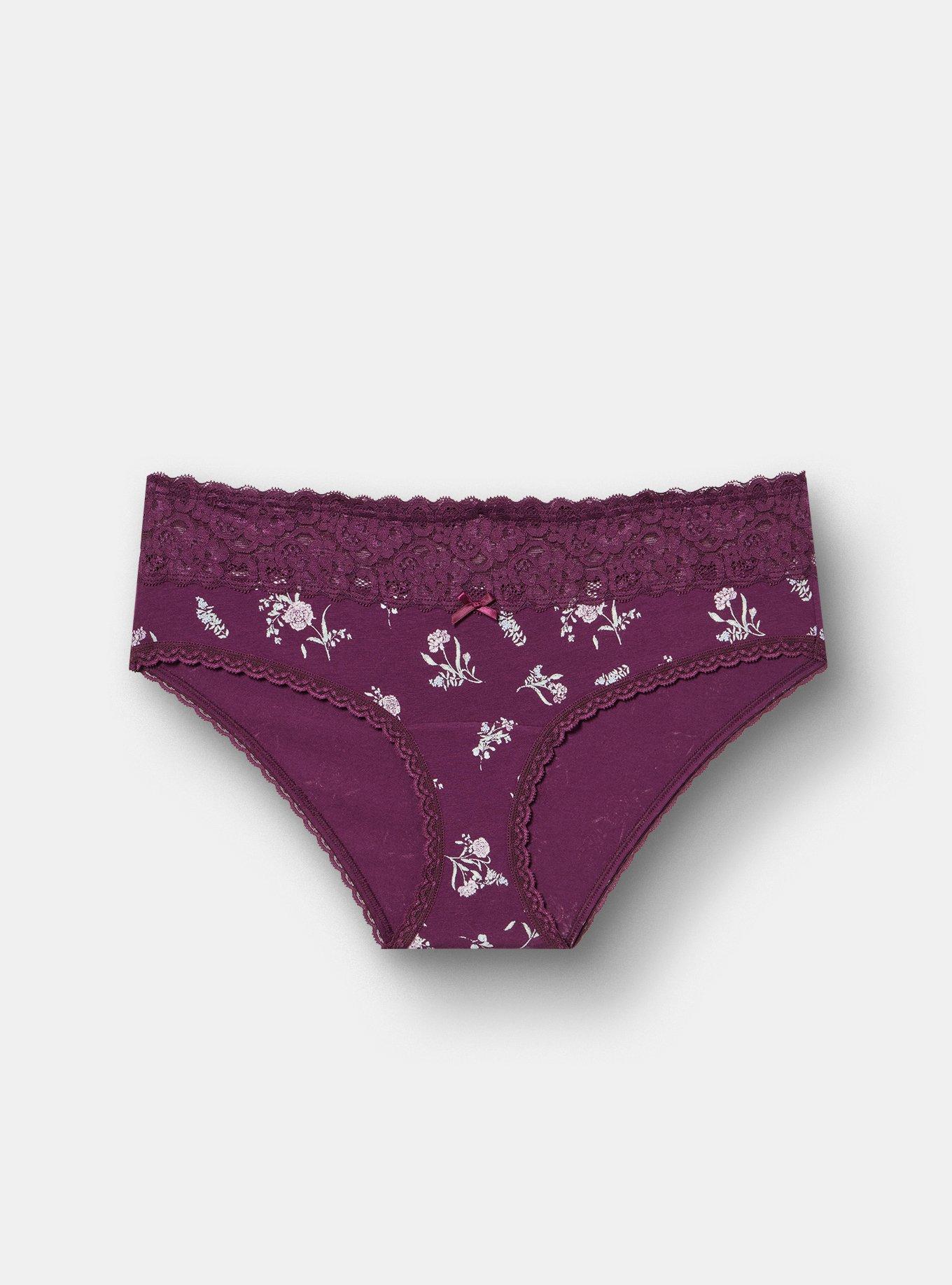 Plus Size Cotton Mid-Rise Lace Trim Hipster Panty, SPRING FLORAL POTENT PURPLE, hi-res