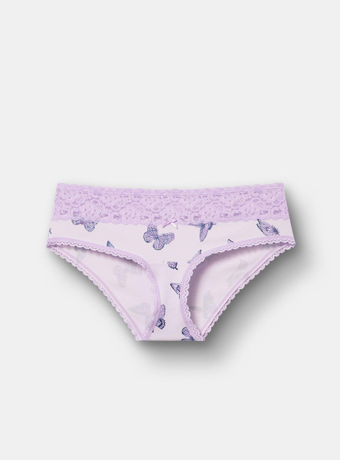 Cotton Mid-Rise Lace Trim Hipster Panty, HUE BUTTERFLIES LAVENDER, hi-res