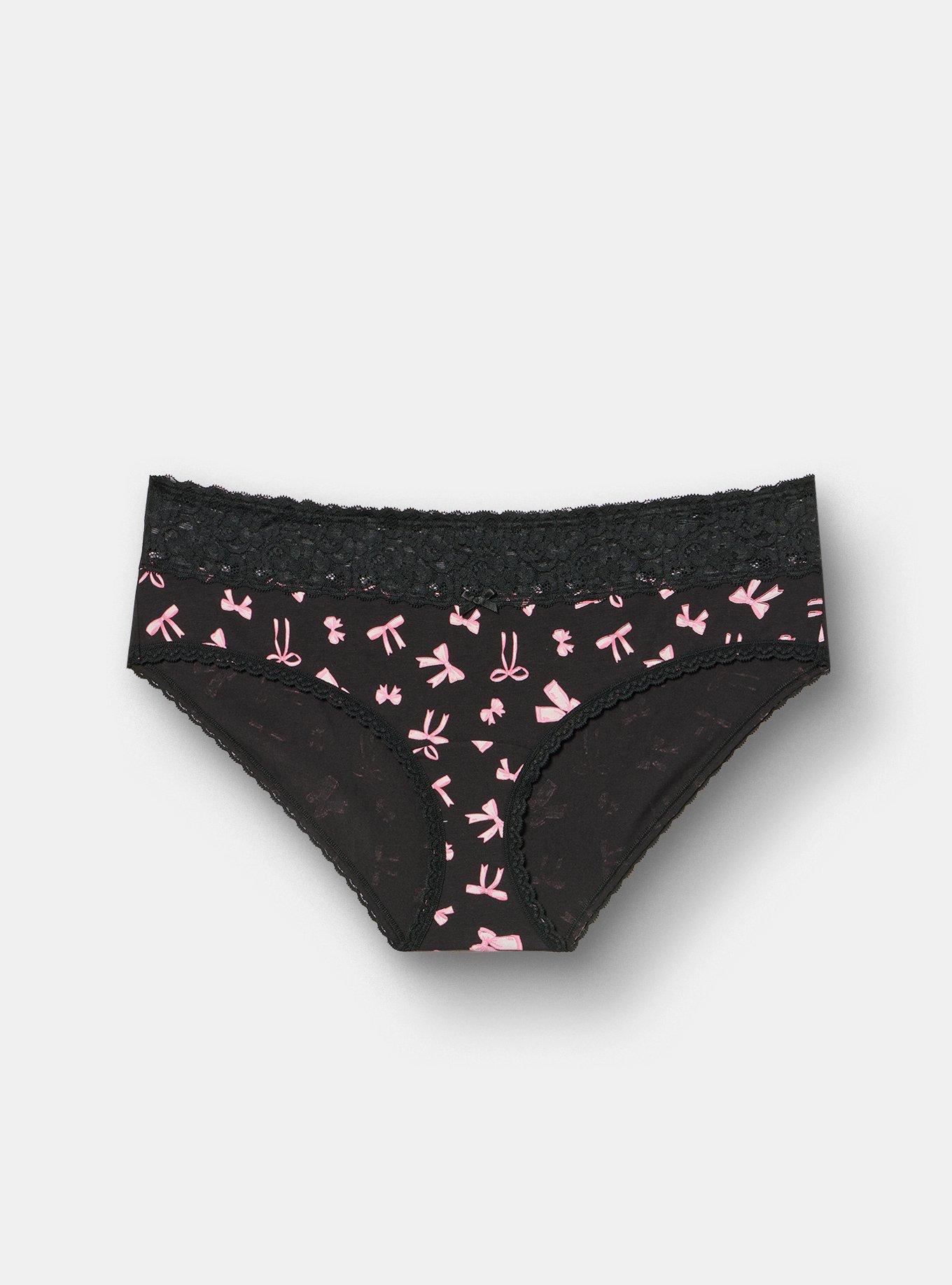 Cotton Mid-Rise Lace Trim Hipster Panty, FLOAT BOWS BLACK, hi-res