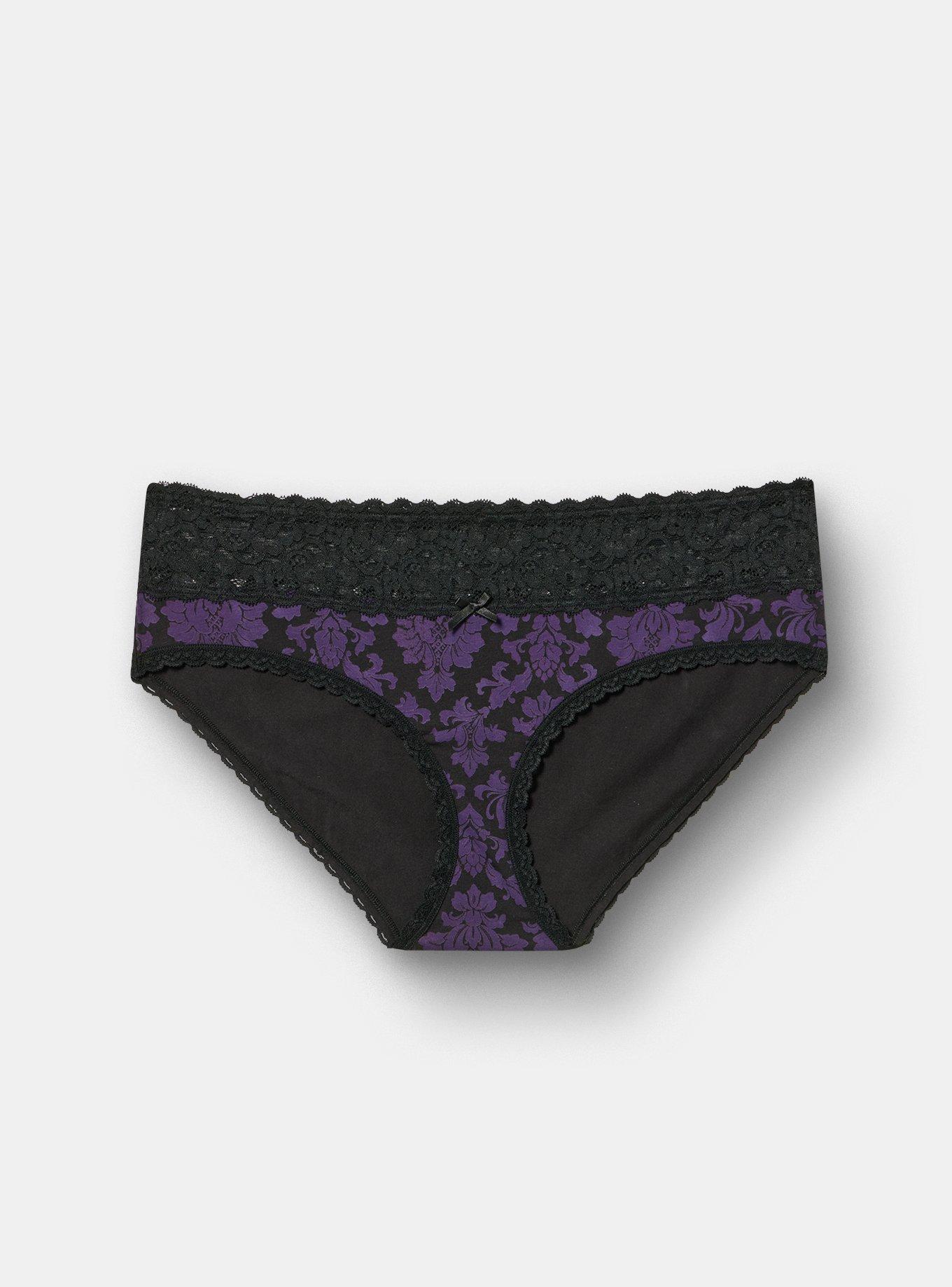 Cotton Mid-Rise Lace Trim Hipster Panty, MEDIEVAL DAMASK BLACK, hi-res