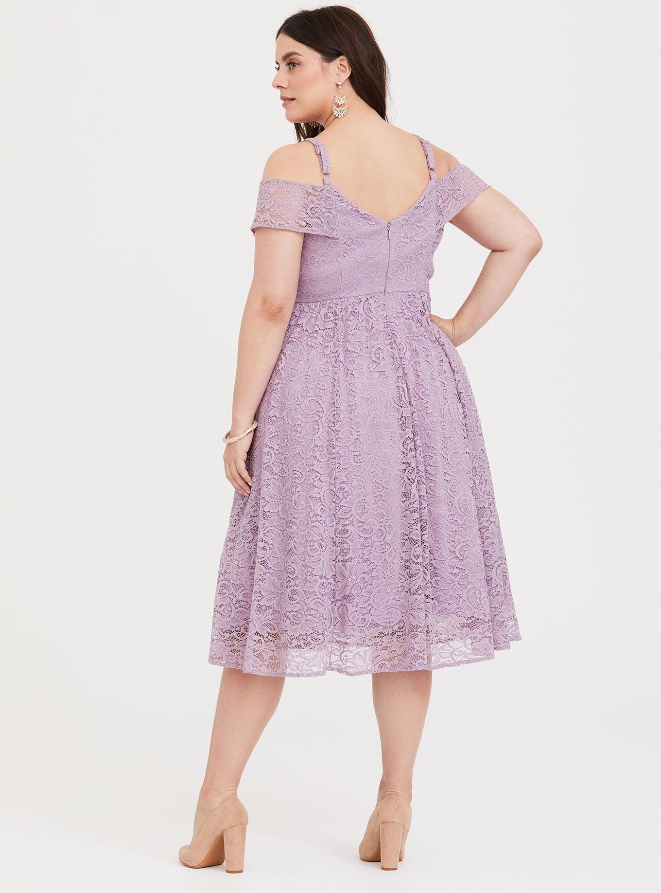 Plus Size Special Occasion Purple Cold Shoulder Lace Midi Dress
