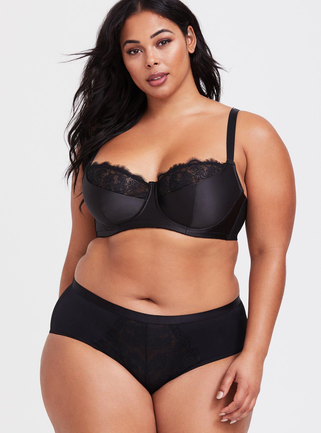 Black Satin & Lace Lightly Lined Demi Bra, RICH BLACK, alternate