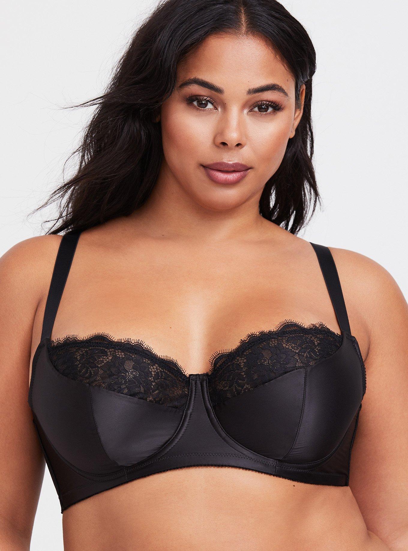 Black Satin & Lace Lightly Lined Demi Bra, , hi-res