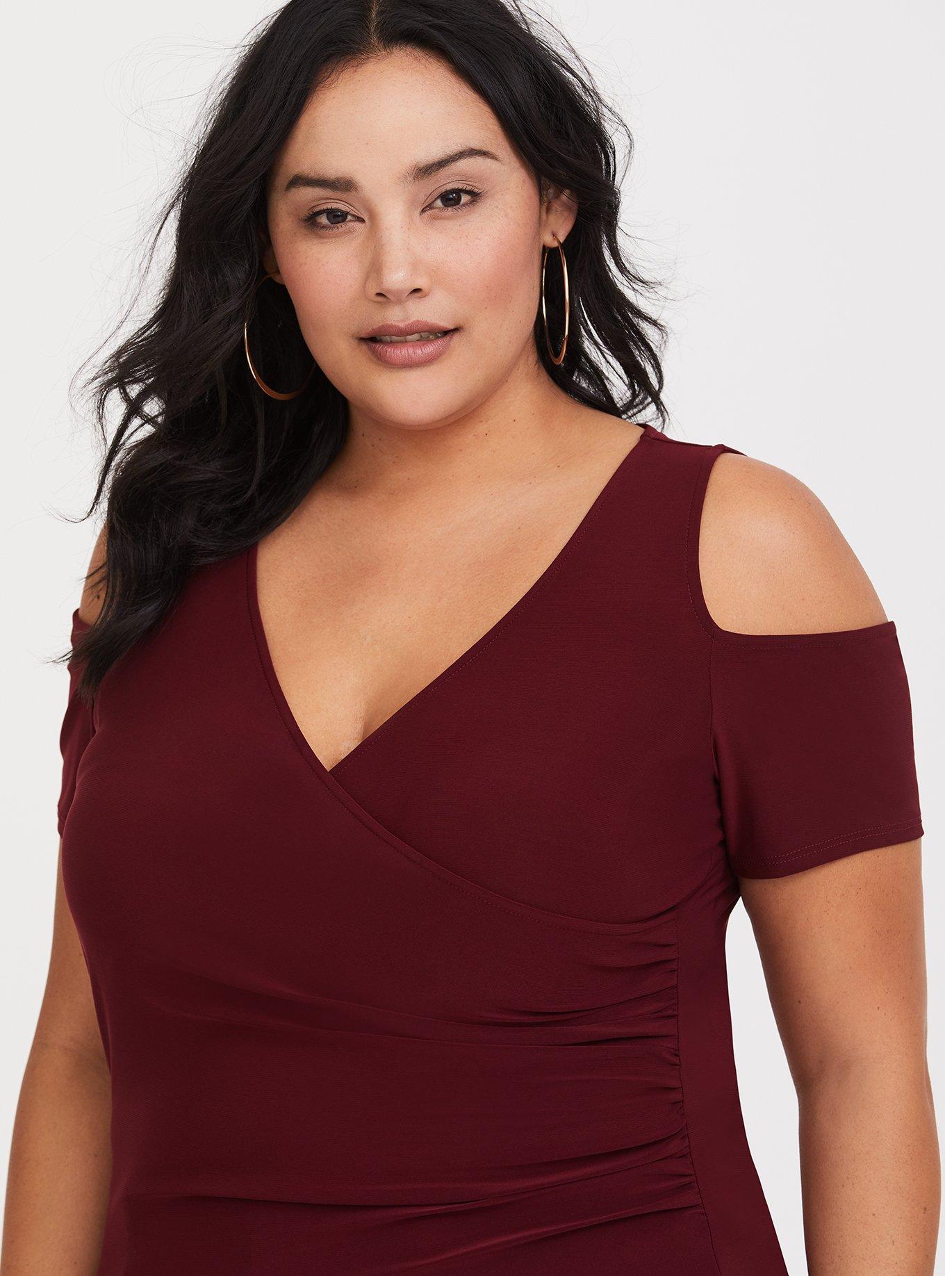 Burgundy Cold Shoulder Jersey Knit Top, , hi-res
