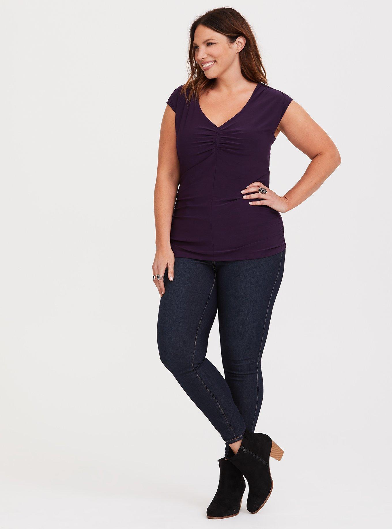 Plus Size Purple Jersey Knit Ruched Tee, PLUM, alternate