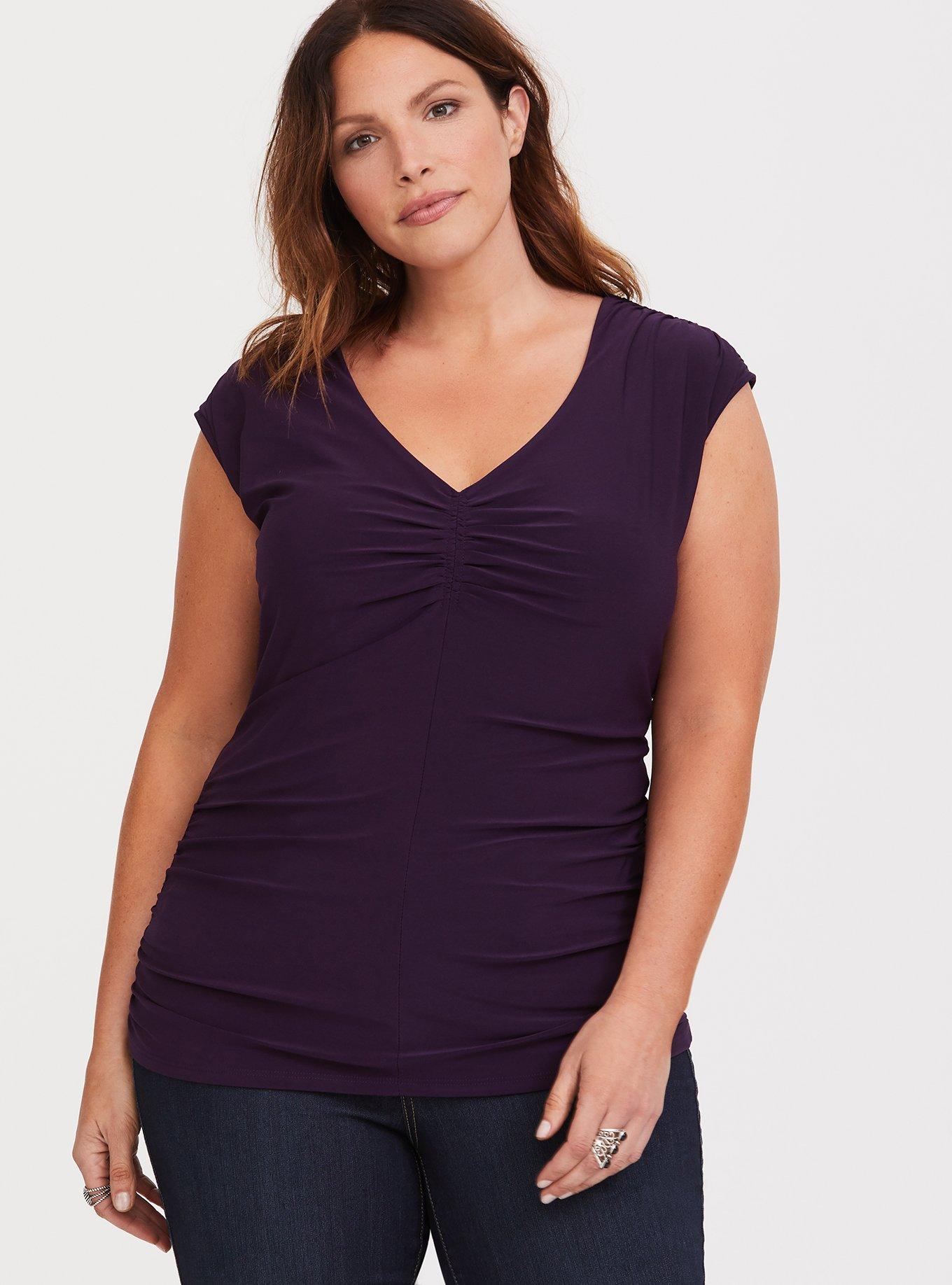 Plus Size Purple Jersey Knit Ruched Tee, PLUM, alternate