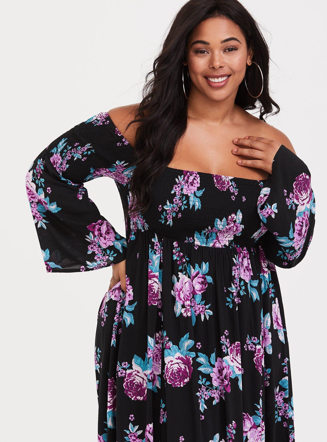 Black Floral Smocked Off Shoulder Maxi Dress, FLORAL MIX, alternate