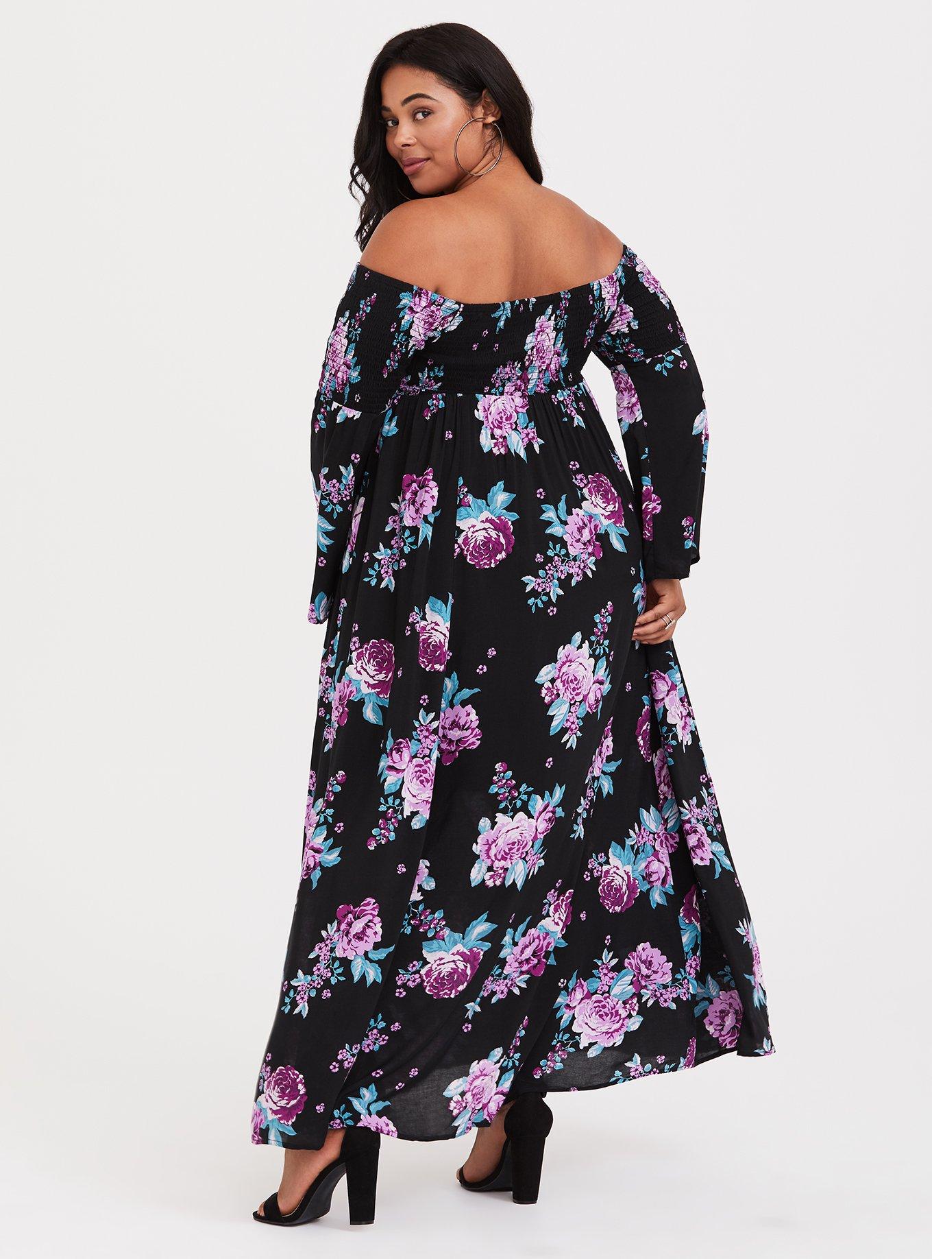Black Floral Smocked Off Shoulder Maxi Dress, FLORAL MIX, alternate