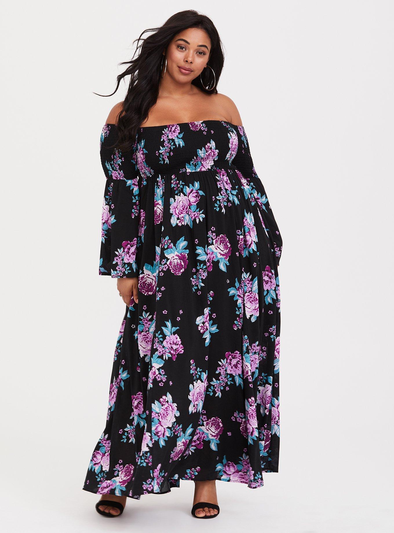 Plus Size Black Floral Smocked Off Shoulder Maxi Dress Torrid