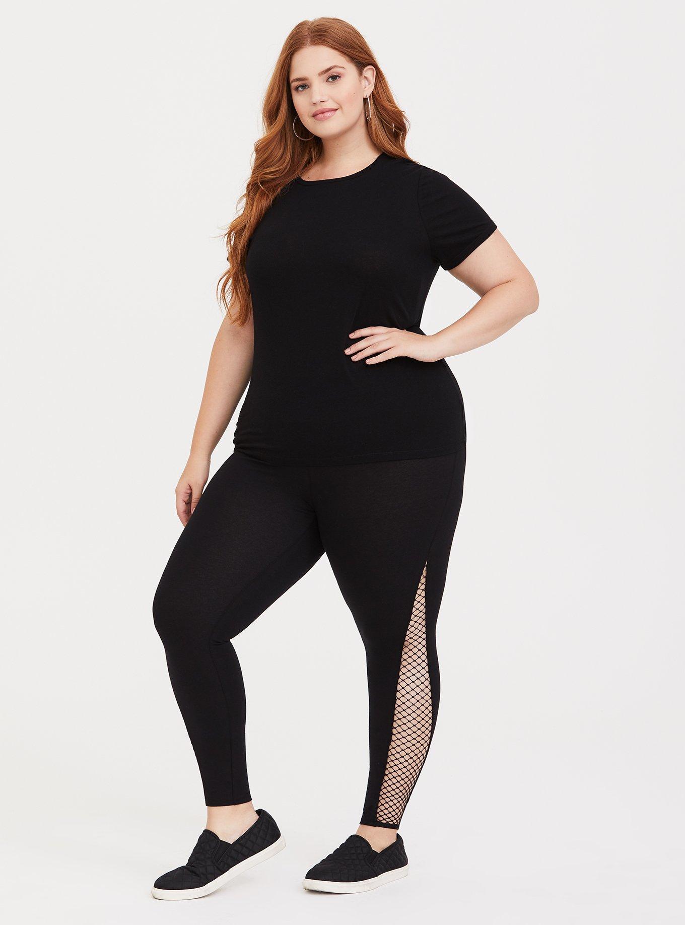 Plus Size Black Fishnet Inset Legging, BLACK, alternate