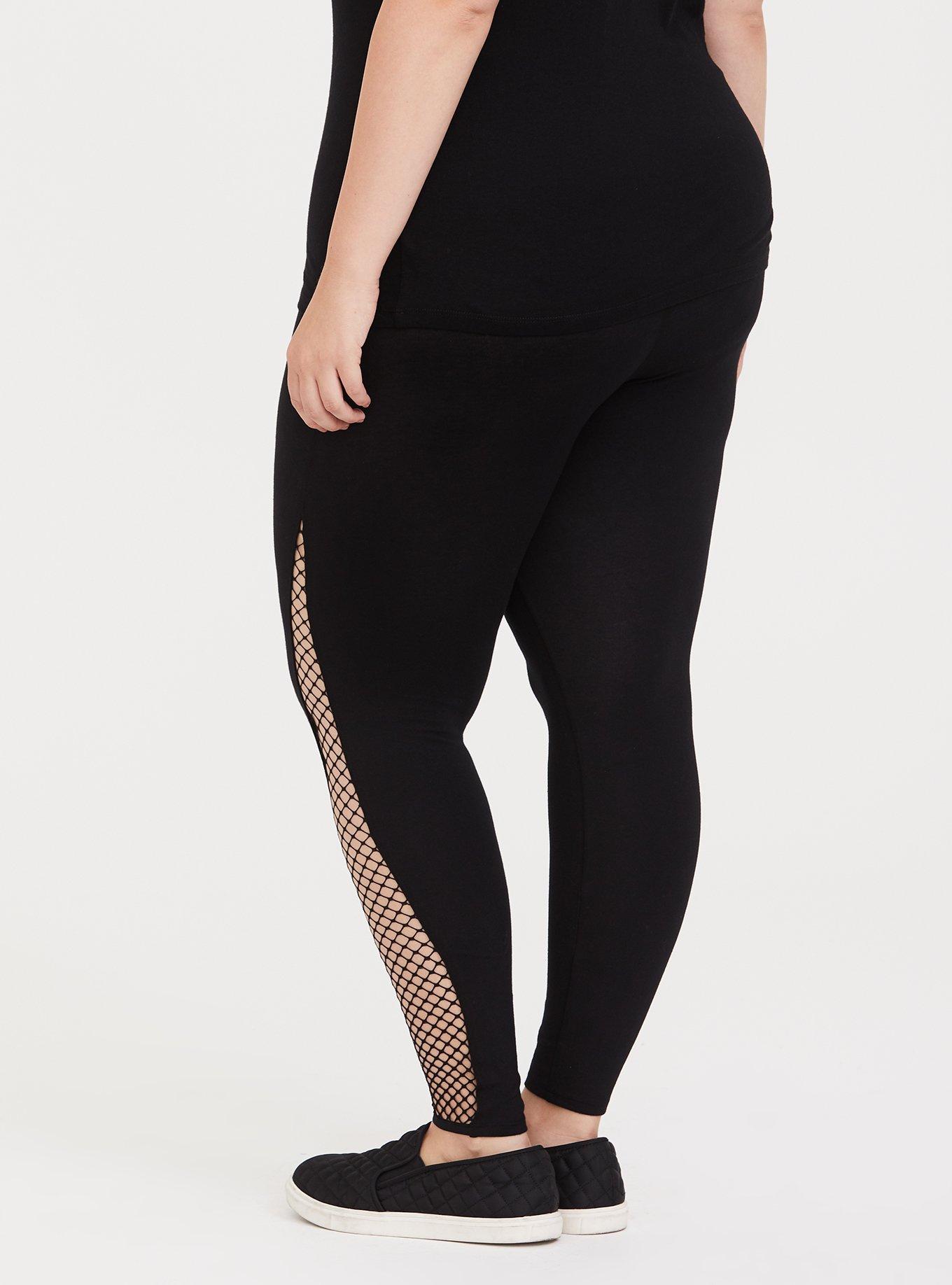 Plus Size Black Fishnet Inset Legging, BLACK, alternate