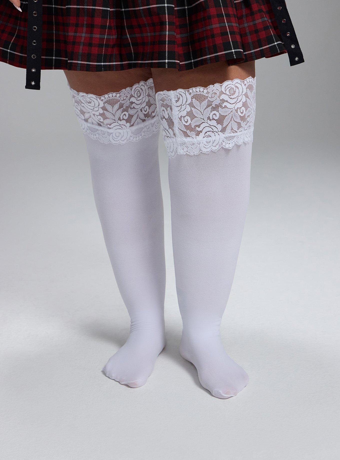 Plus Size Lace Trim Thigh-Highs, WHITE, alternate