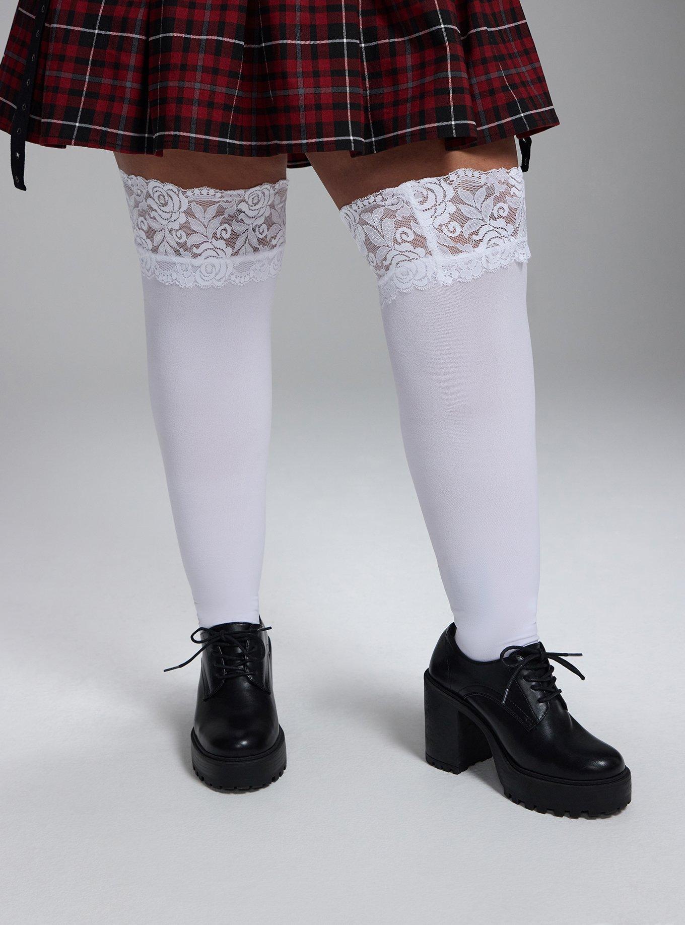Plus Size Lace Trim Thigh-Highs, WHITE, alternate