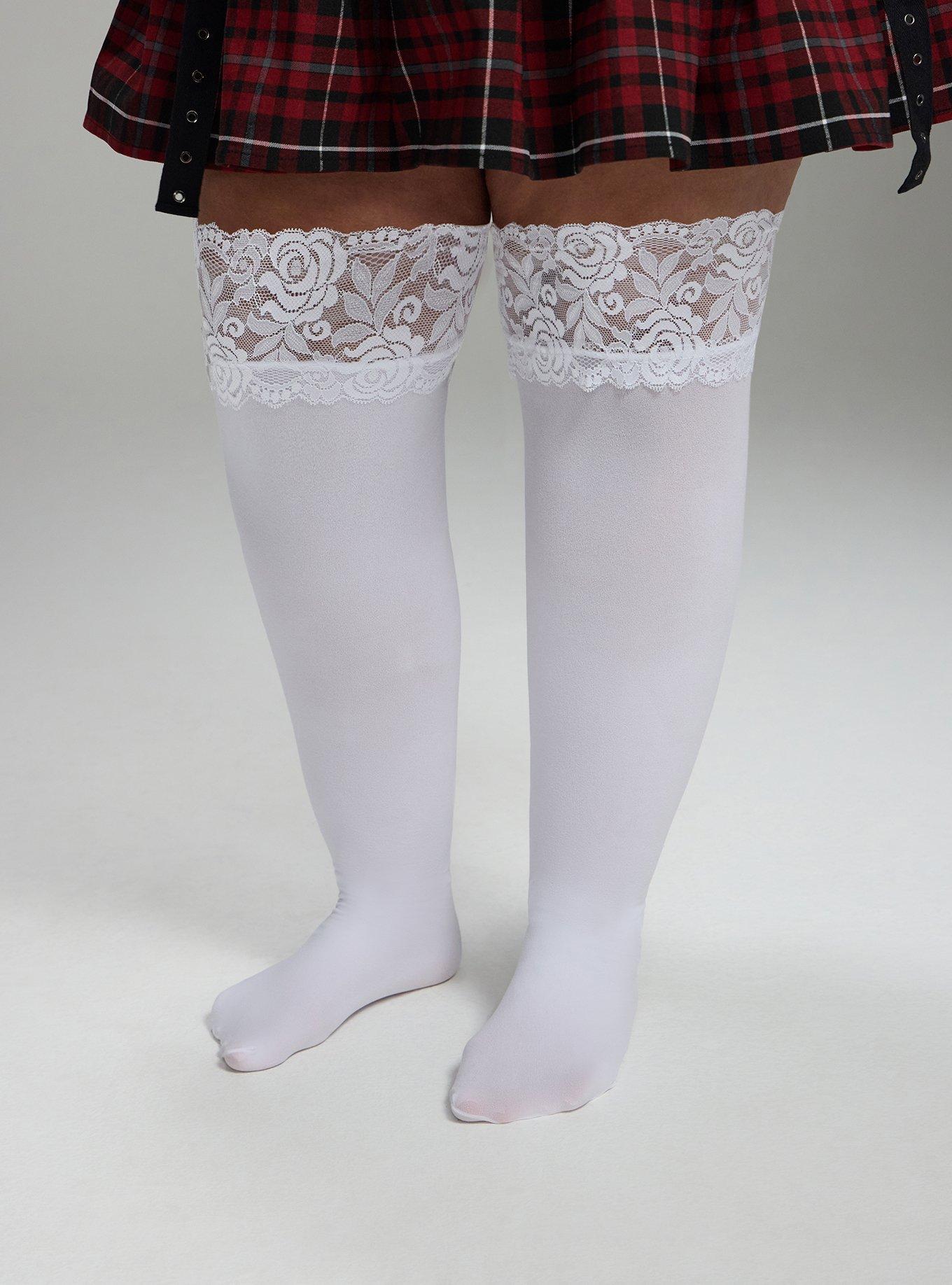 Plus Size Lace Trim Thigh-Highs, WHITE, hi-res