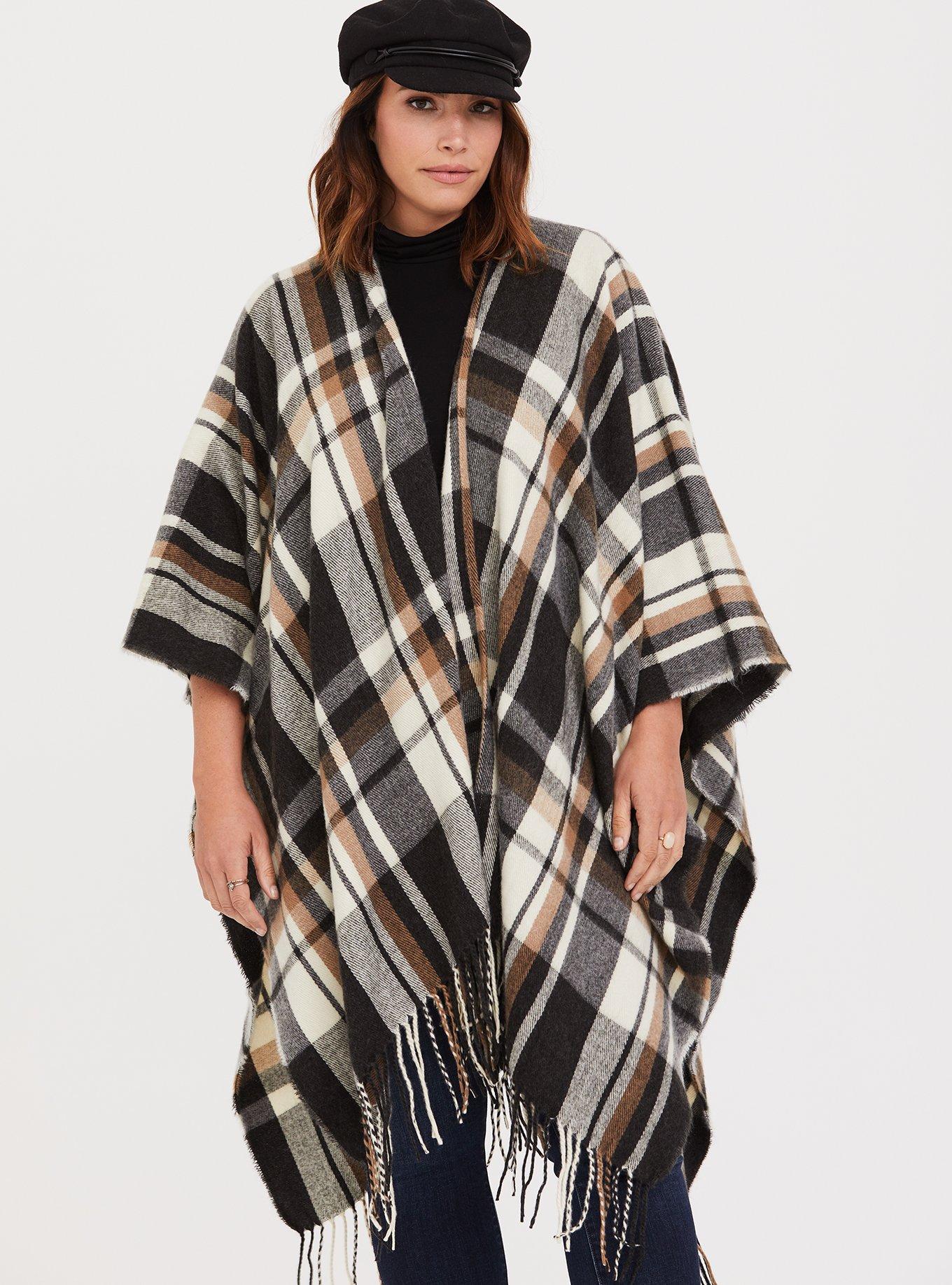 Camel Plaid Fringe Knit Ruana, , alternate