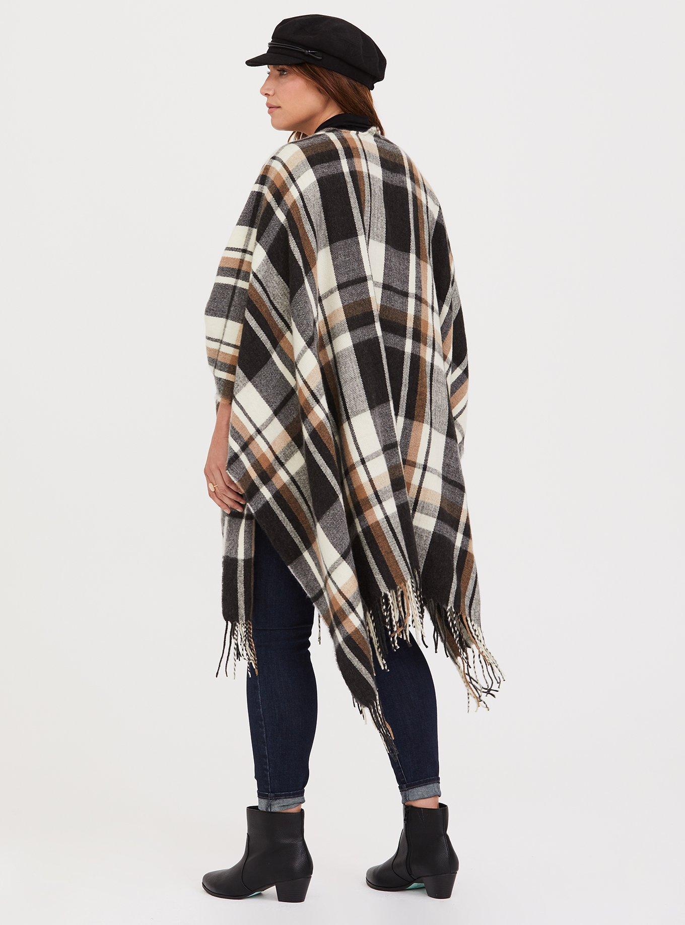 Camel Plaid Fringe Knit Ruana, , alternate
