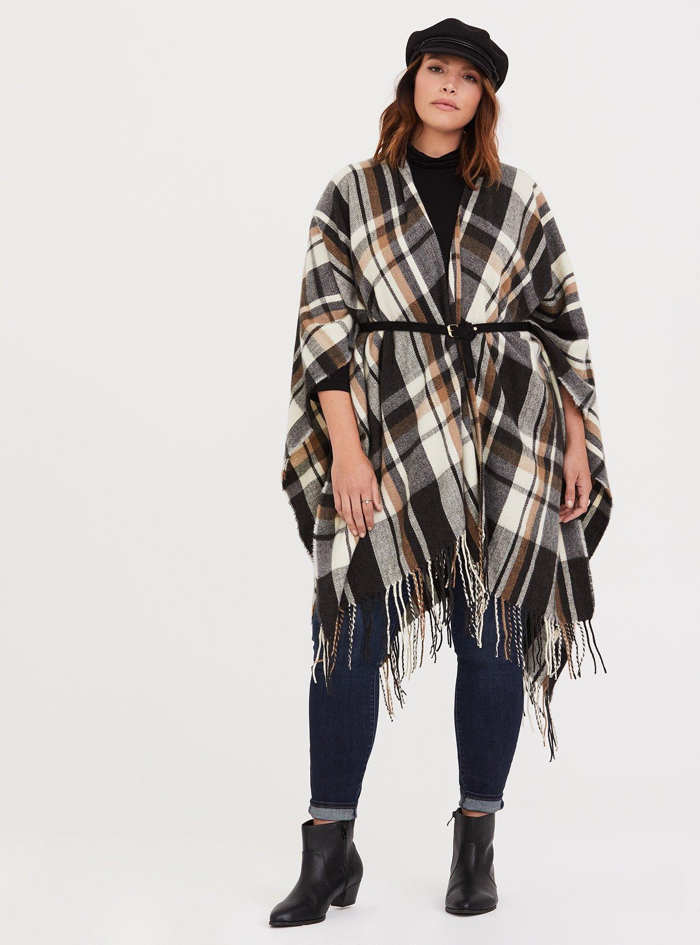 Camel Plaid Fringe Knit Ruana, , hi-res