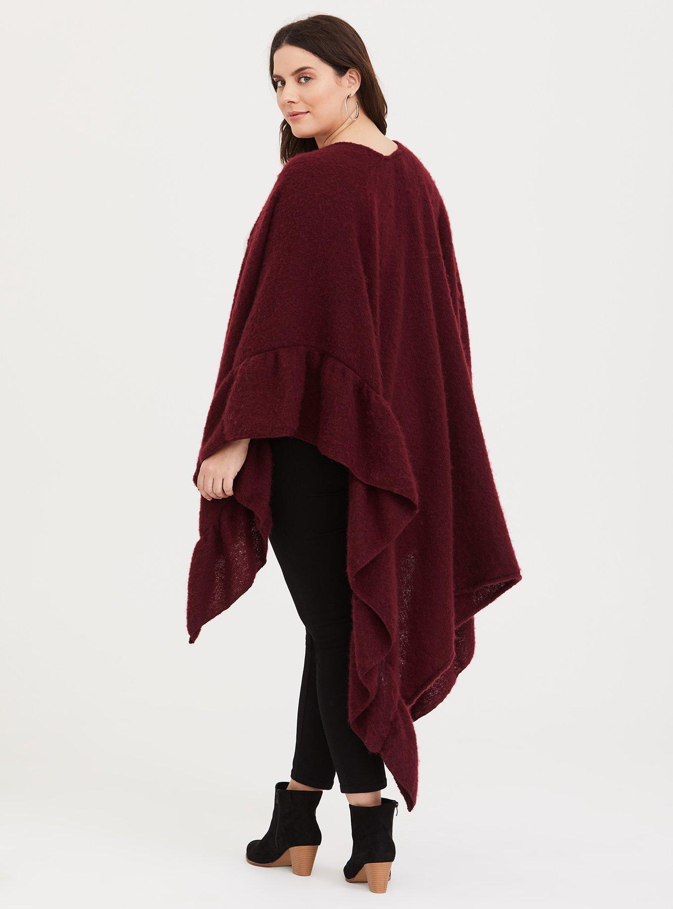 Burgundy Ruffle Edge Ruana, , alternate