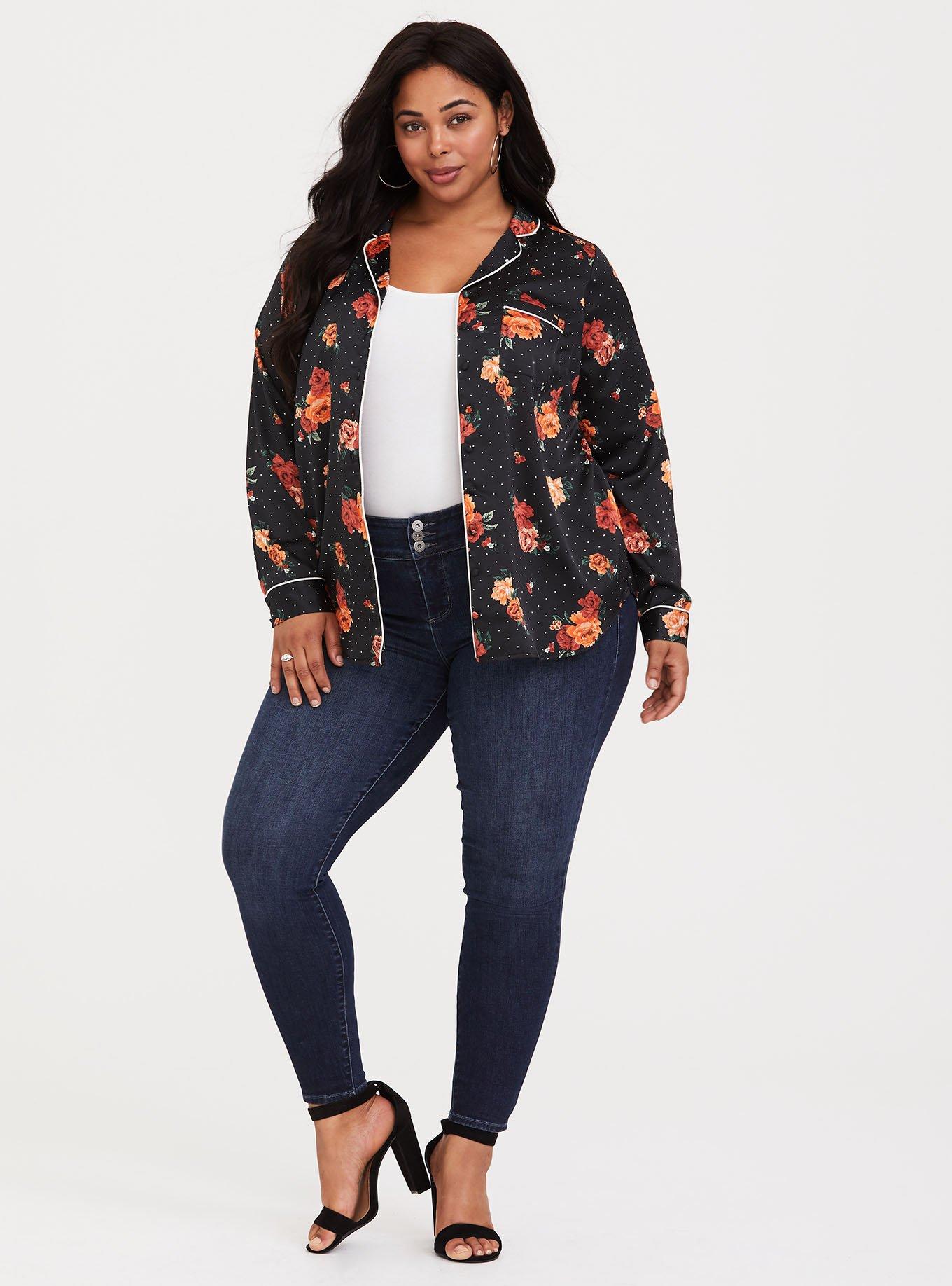 Black Floral Satin Pajama Blouse, NONEC, alternate